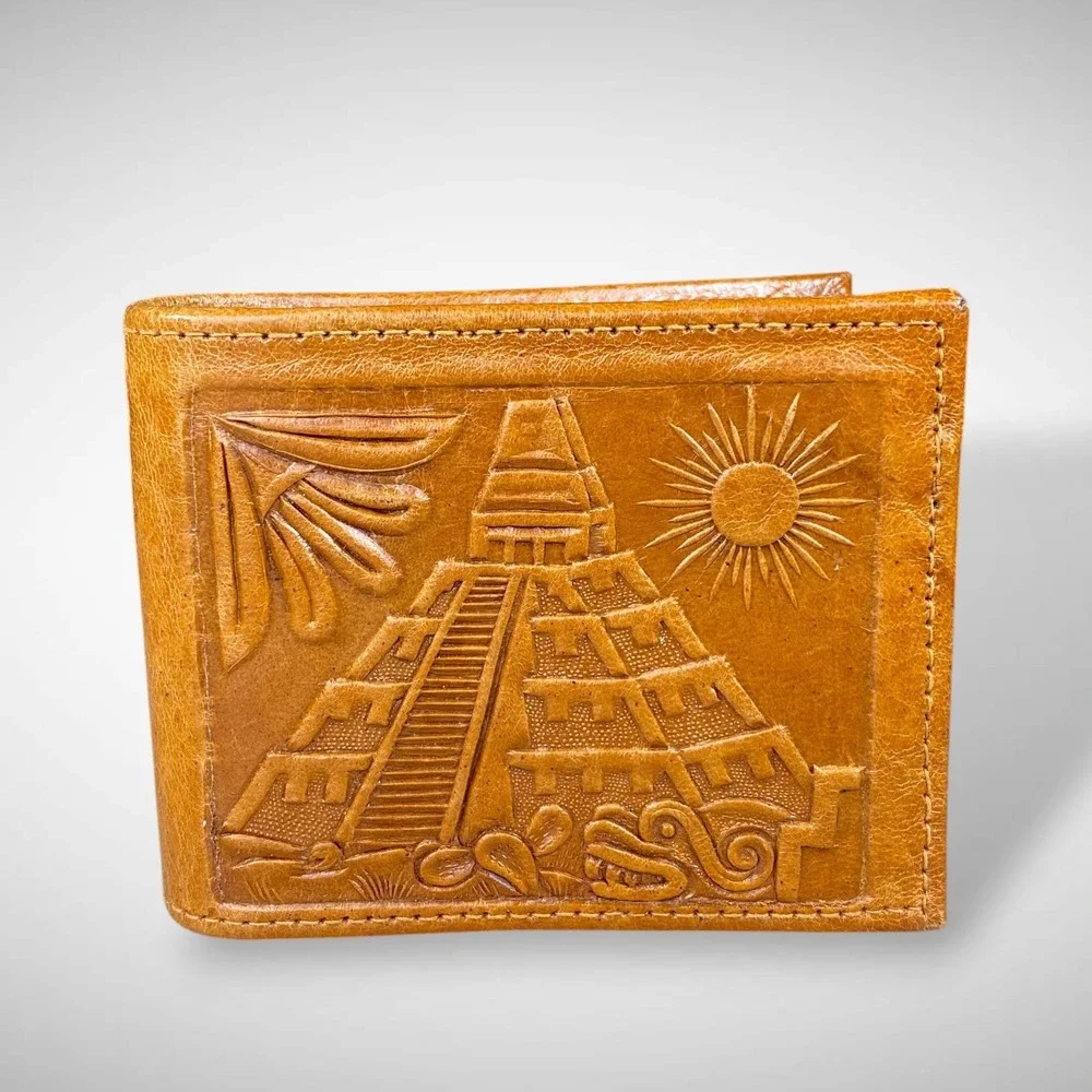 Tooled Leather Men's Wallet Mexico Souvenir Aztec Mayan Folk Art 1970s